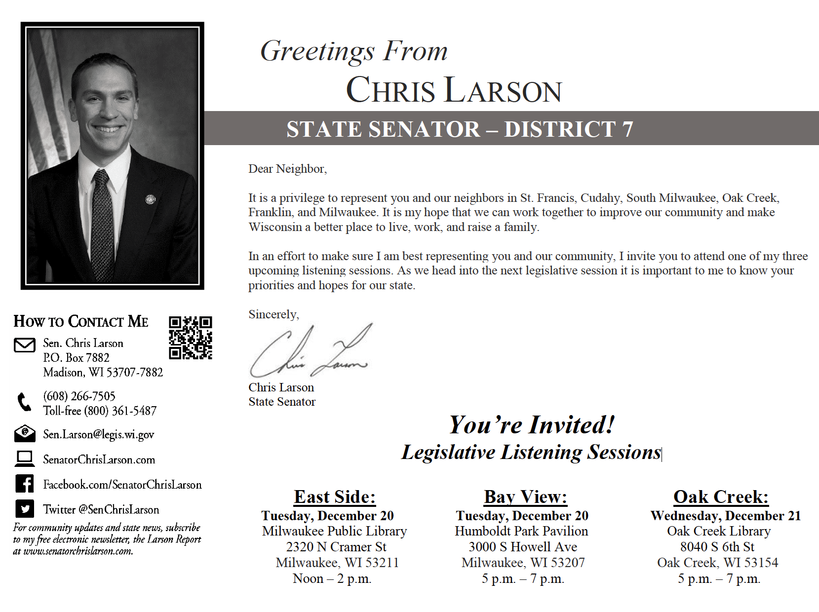 You’re Invited! Legislative Listening Sessions with Chris Larson Tues Dec 20th